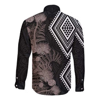 Aotearoa Tukutuku Motif Long Sleeve Button Shirt Pohutukawa and Fern Leaves Grayscale Color