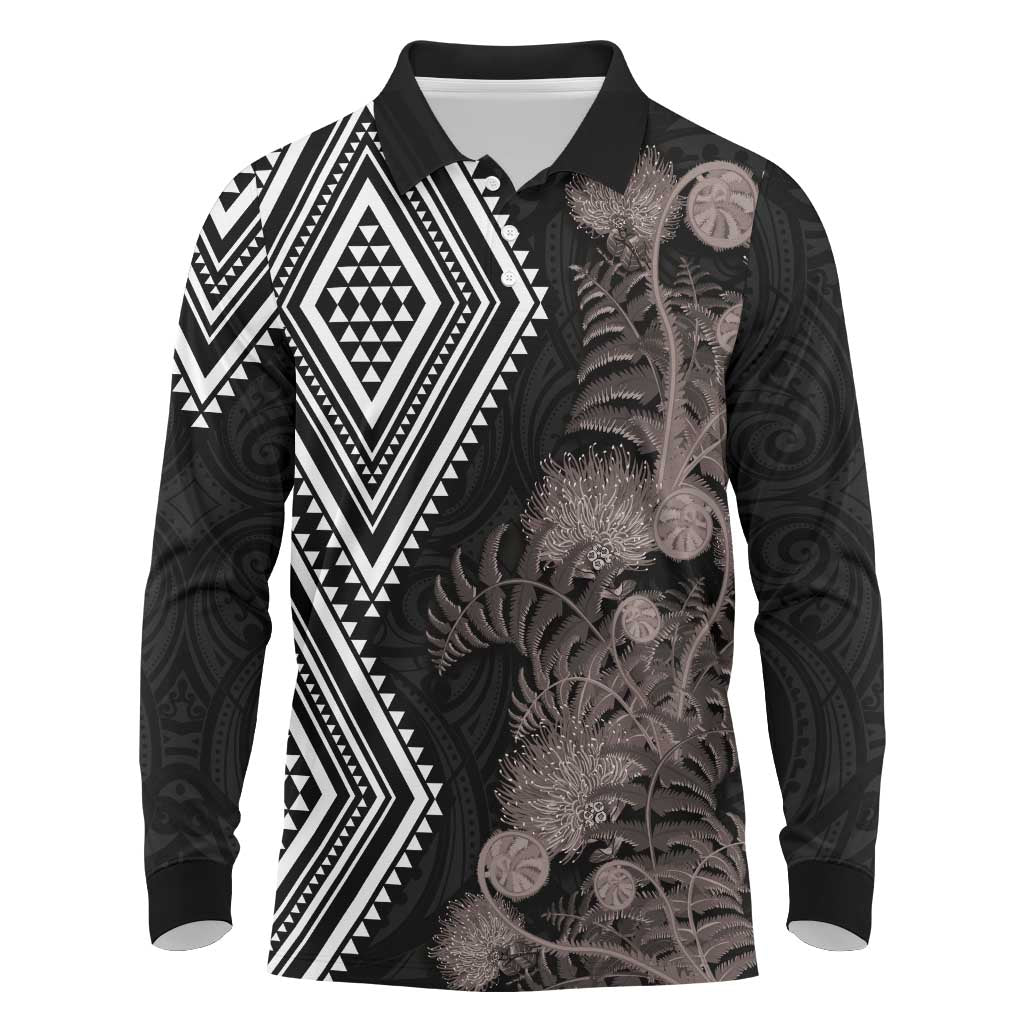 Aotearoa Tukutuku Motif Long Sleeve Polo Shirt Pohutukawa and Fern Leaves Grayscale Color LT03 Black - Polynesian Pride