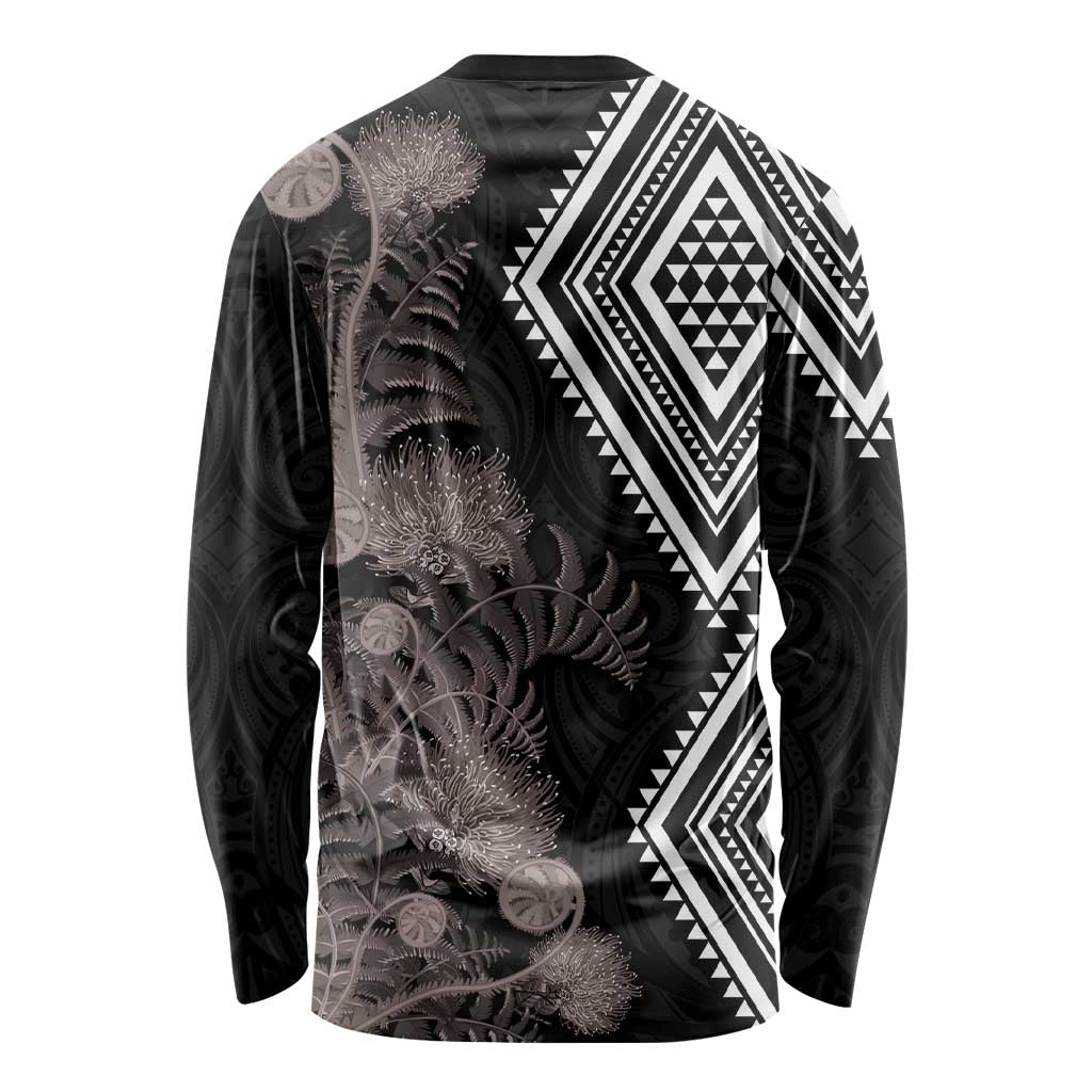 Aotearoa Tukutuku Motif Long Sleeve Shirt Pohutukawa and Fern Leaves Grayscale Color