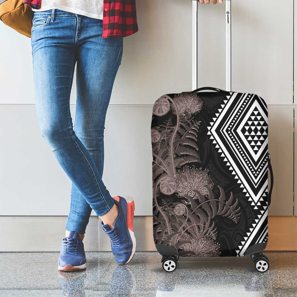 Aotearoa Tukutuku Motif Luggage Cover Pohutukawa and Fern Leaves Grayscale Color