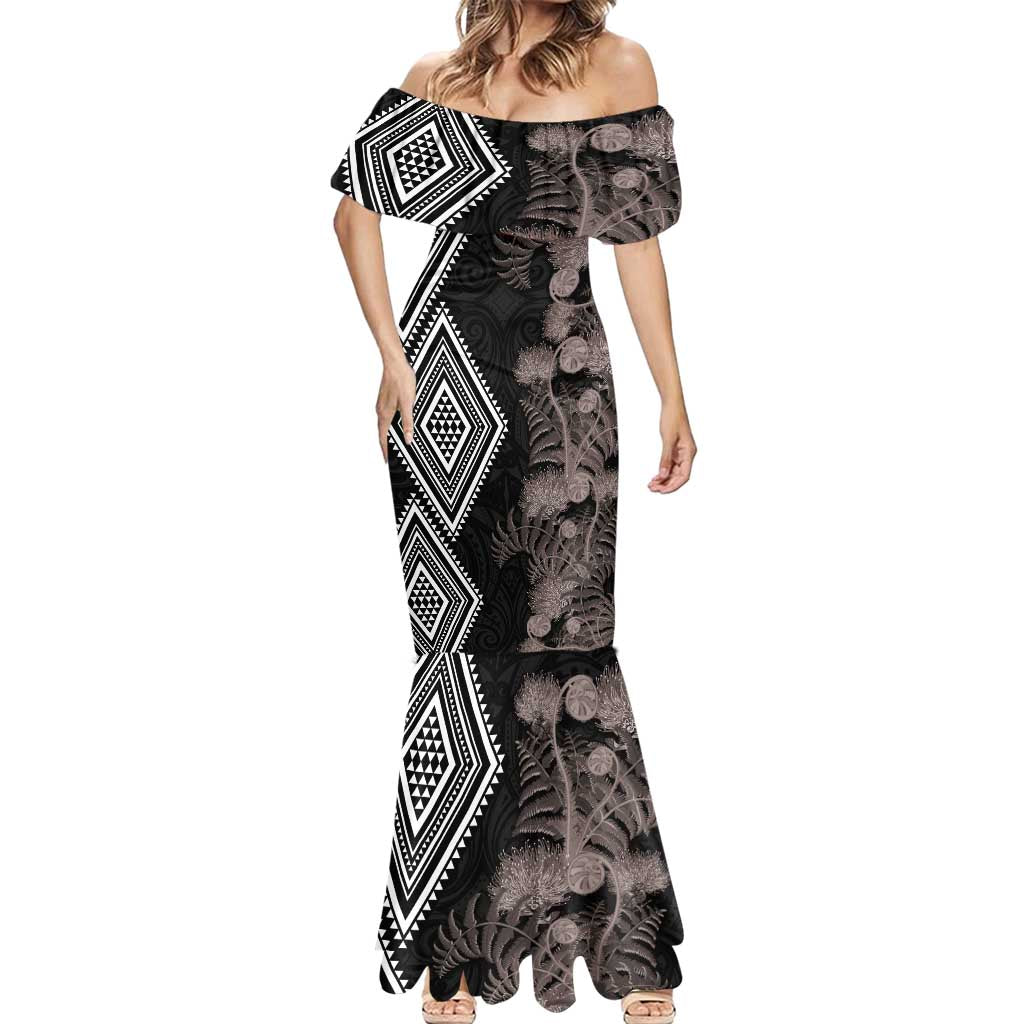 Aotearoa Tukutuku Motif Mermaid Dress Pohutukawa and Fern Leaves Grayscale Color