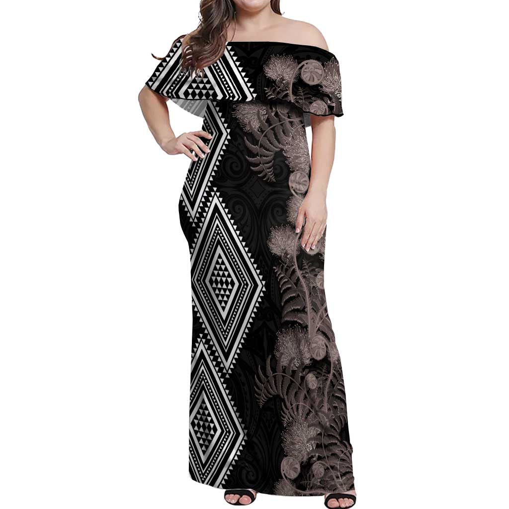 Aotearoa Tukutuku Motif Off Shoulder Maxi Dress Pohutukawa and Fern Leaves Grayscale Color