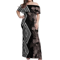 Aotearoa Tukutuku Motif Off Shoulder Maxi Dress Pohutukawa and Fern Leaves Grayscale Color