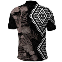 Aotearoa Tukutuku Motif Polo Shirt Pohutukawa and Fern Leaves Grayscale Color