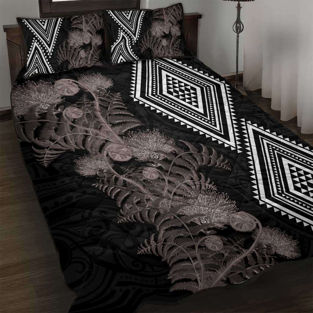 Aotearoa Tukutuku Motif Quilt Bed Set Pohutukawa and Fern Leaves Grayscale Color