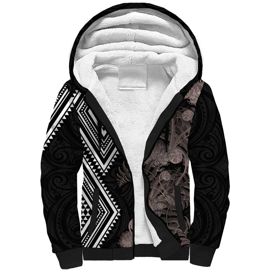 Aotearoa Tukutuku Motif Sherpa Hoodie Pohutukawa and Fern Leaves Grayscale Color LT03 Unisex Black - Polynesian Pride