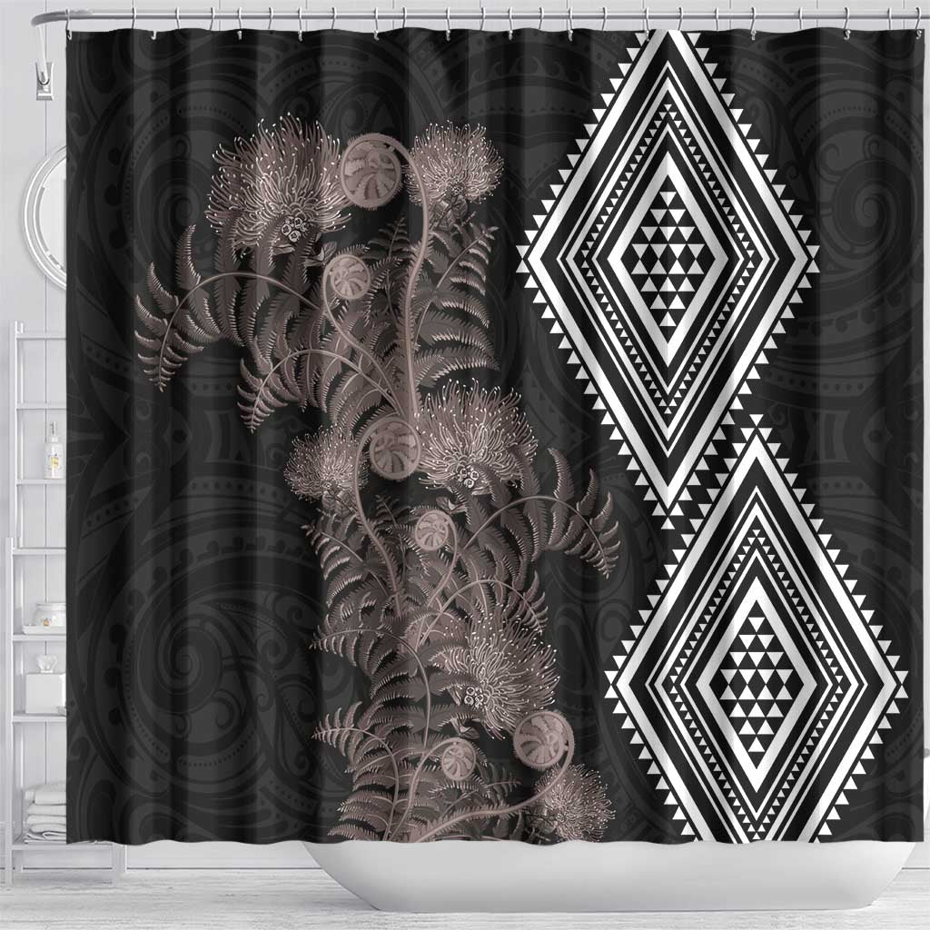 Aotearoa Tukutuku Motif Shower Curtain Pohutukawa and Fern Leaves Grayscale Color