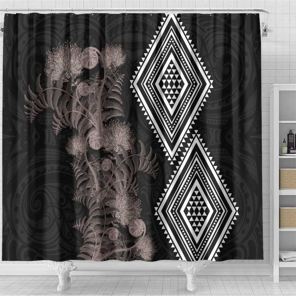 Aotearoa Tukutuku Motif Shower Curtain Pohutukawa and Fern Leaves Grayscale Color