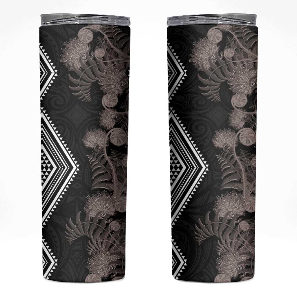 Aotearoa Tukutuku Motif Skinny Tumbler Pohutukawa and Fern Leaves Grayscale Color
