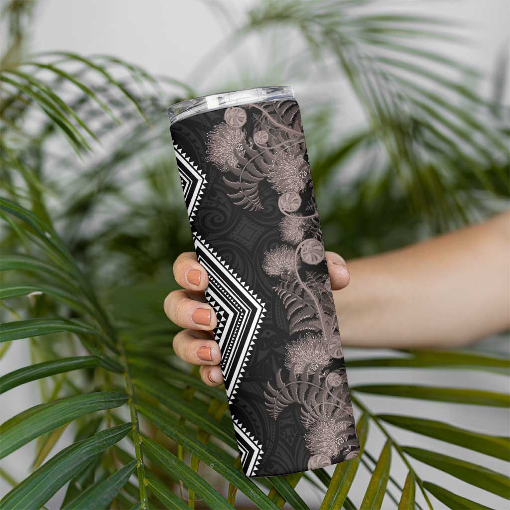 Aotearoa Tukutuku Motif Skinny Tumbler Pohutukawa and Fern Leaves Grayscale Color