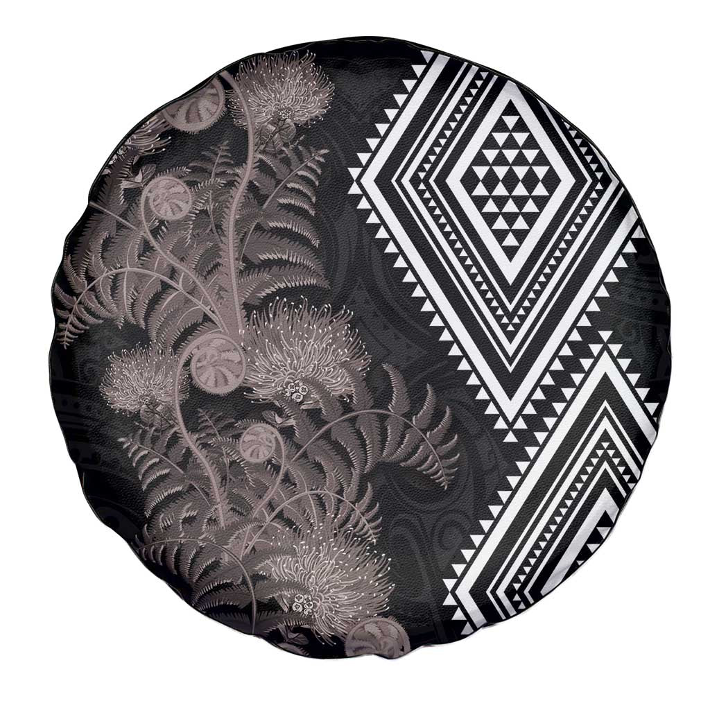 Aotearoa Tukutuku Motif Spare Tire Cover Pohutukawa and Fern Leaves Grayscale Color