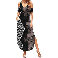 Aotearoa Tukutuku Motif Summer Maxi Dress Pohutukawa and Fern Leaves Grayscale Color