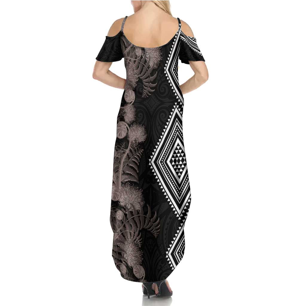Aotearoa Tukutuku Motif Summer Maxi Dress Pohutukawa and Fern Leaves Grayscale Color
