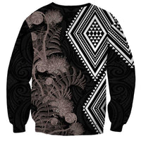Aotearoa Tukutuku Motif Sweatshirt Pohutukawa and Fern Leaves Grayscale Color