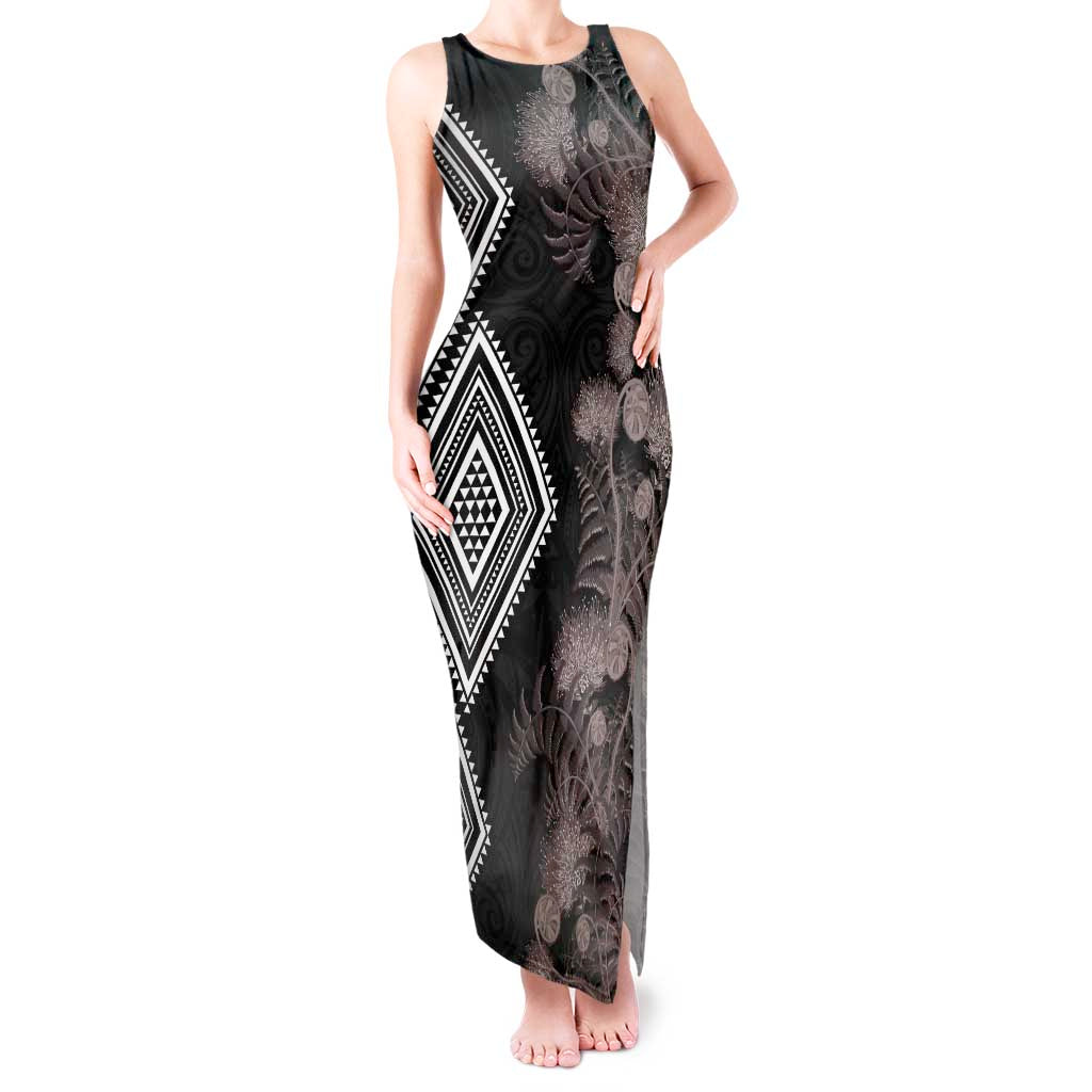 Aotearoa Tukutuku Motif Tank Maxi Dress Pohutukawa and Fern Leaves Grayscale Color