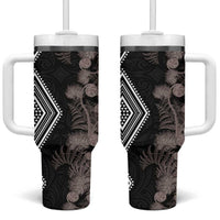 Aotearoa Tukutuku Motif Tumbler With Handle Pohutukawa and Fern Leaves Grayscale Color