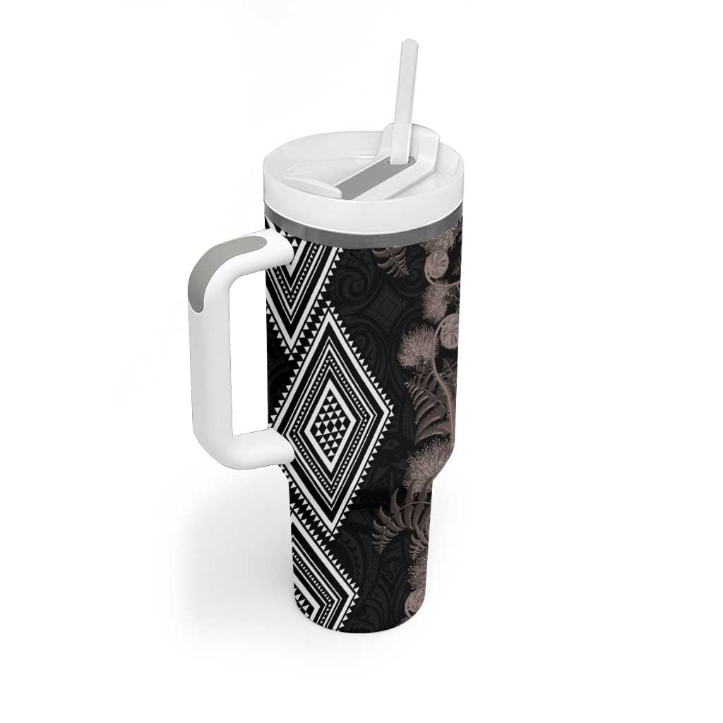Aotearoa Tukutuku Motif Tumbler With Handle Pohutukawa and Fern Leaves Grayscale Color