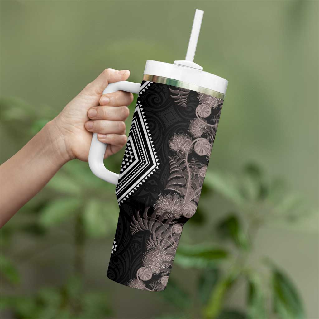 Aotearoa Tukutuku Motif Tumbler With Handle Pohutukawa and Fern Leaves Grayscale Color
