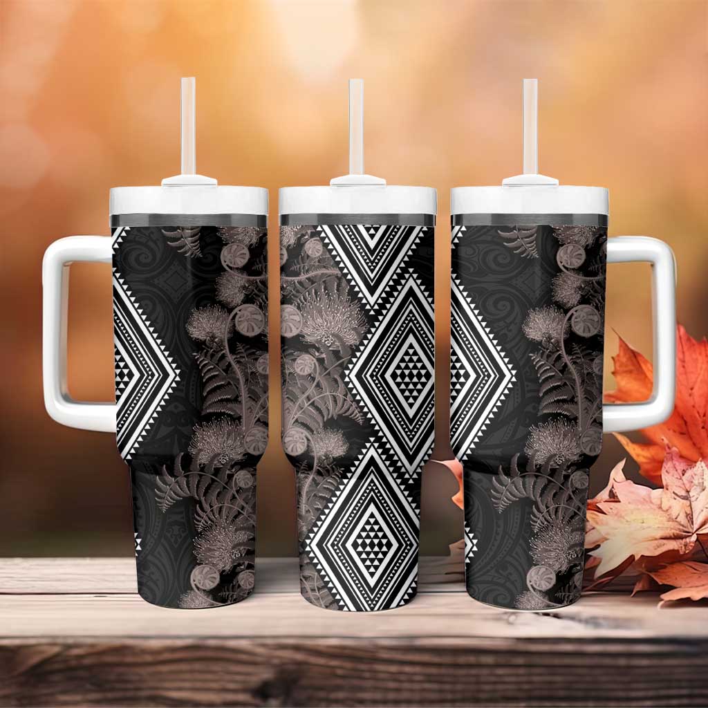 Aotearoa Tukutuku Motif Tumbler With Handle Pohutukawa and Fern Leaves Grayscale Color