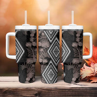 Aotearoa Tukutuku Motif Tumbler With Handle Pohutukawa and Fern Leaves Grayscale Color