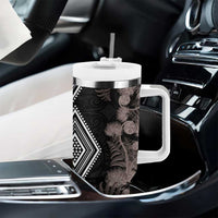 Aotearoa Tukutuku Motif Tumbler With Handle Pohutukawa and Fern Leaves Grayscale Color