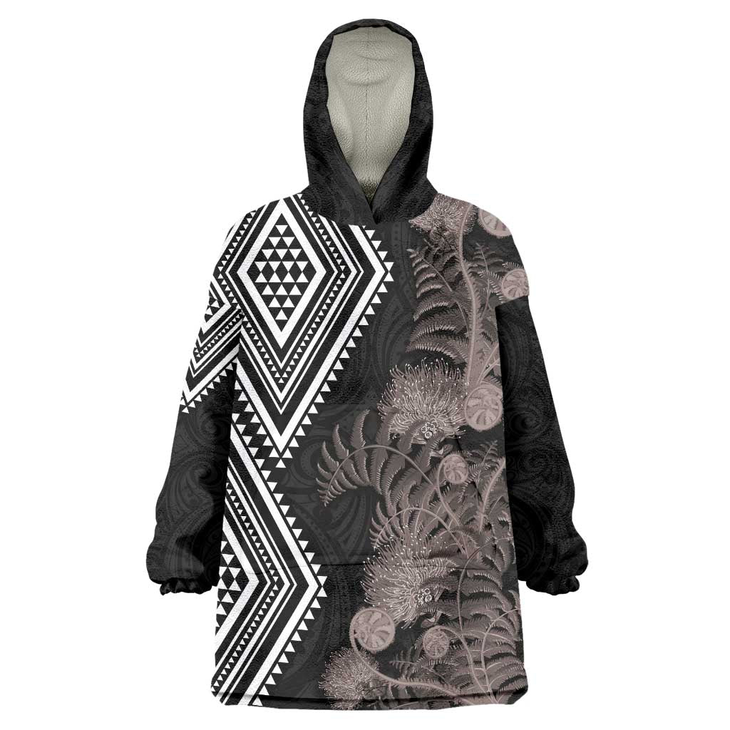 Aotearoa Tukutuku Motif Wearable Blanket Hoodie Pohutukawa and Fern Leaves Grayscale Color
