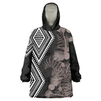 Aotearoa Tukutuku Motif Wearable Blanket Hoodie Pohutukawa and Fern Leaves Grayscale Color