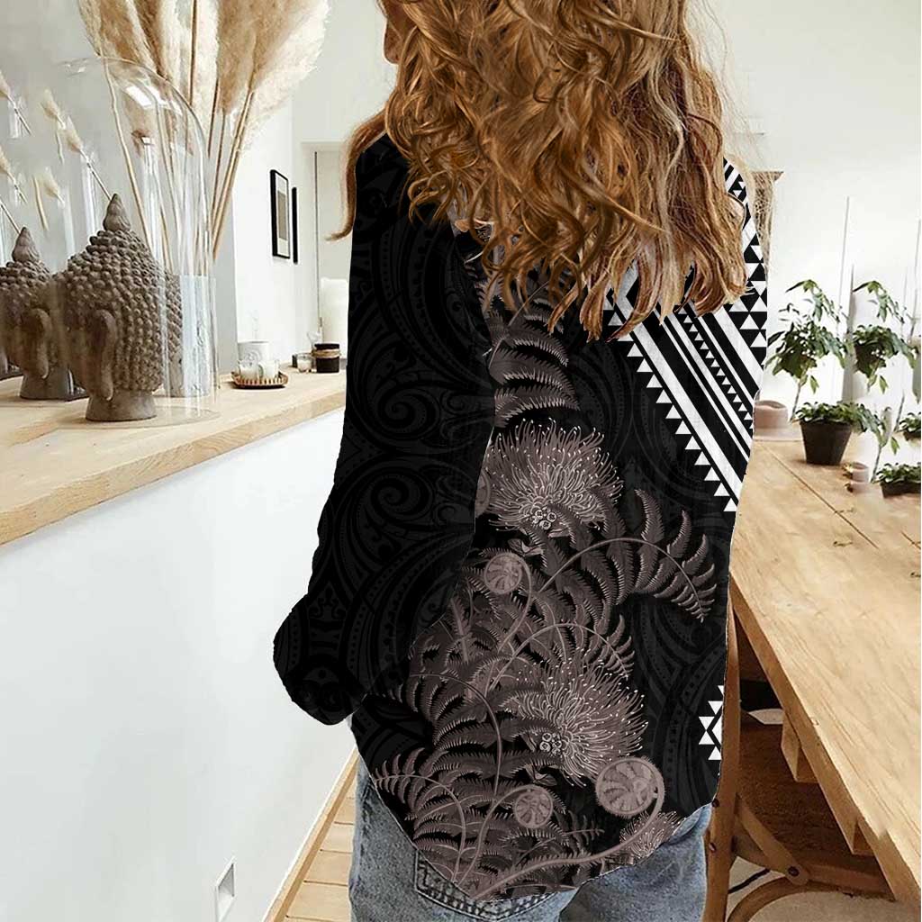 Aotearoa Tukutuku Motif Women Casual Shirt Pohutukawa and Fern Leaves Grayscale Color