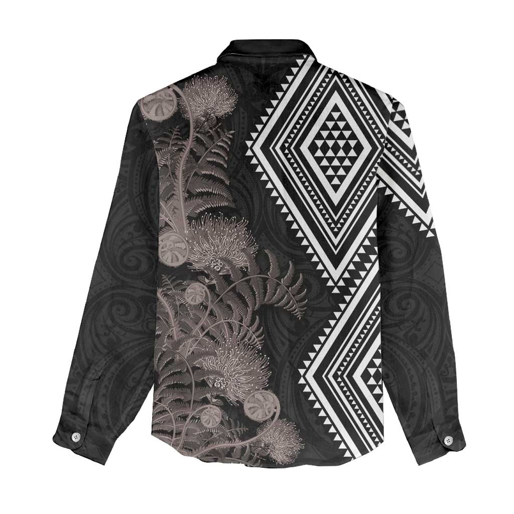 Aotearoa Tukutuku Motif Women Casual Shirt Pohutukawa and Fern Leaves Grayscale Color