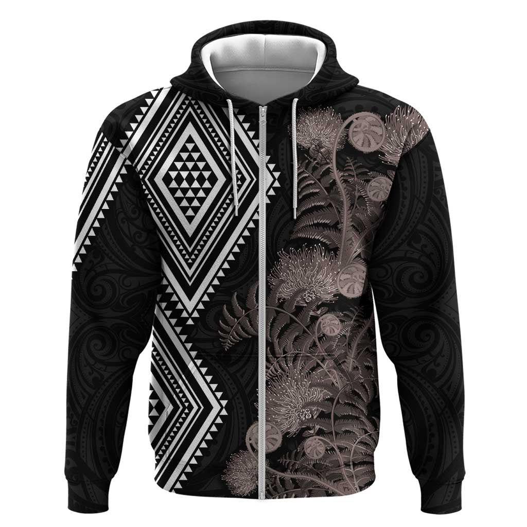 Aotearoa Tukutuku Motif Zip Hoodie Pohutukawa and Fern Leaves Grayscale Color