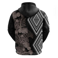 Aotearoa Tukutuku Motif Zip Hoodie Pohutukawa and Fern Leaves Grayscale Color