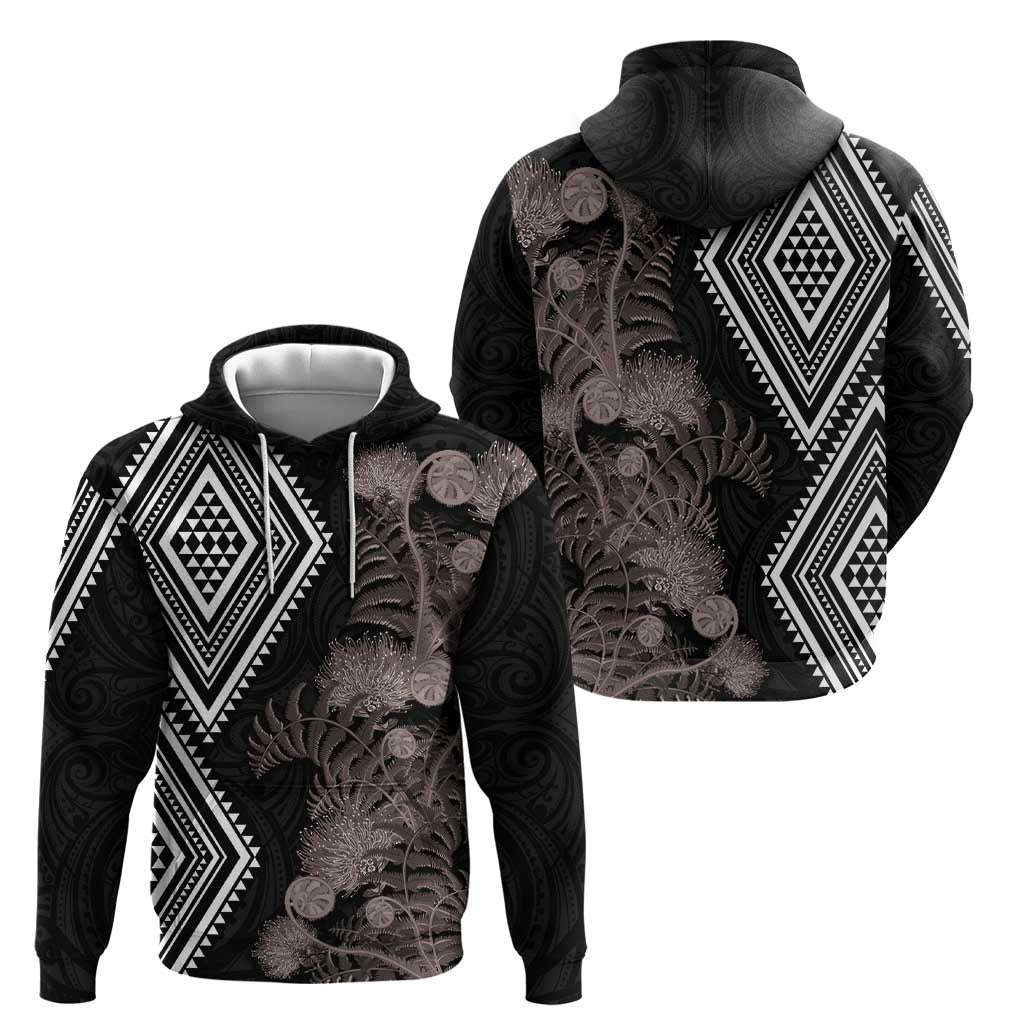 Aotearoa Tukutuku Motif Zip Hoodie Pohutukawa and Fern Leaves Grayscale Color