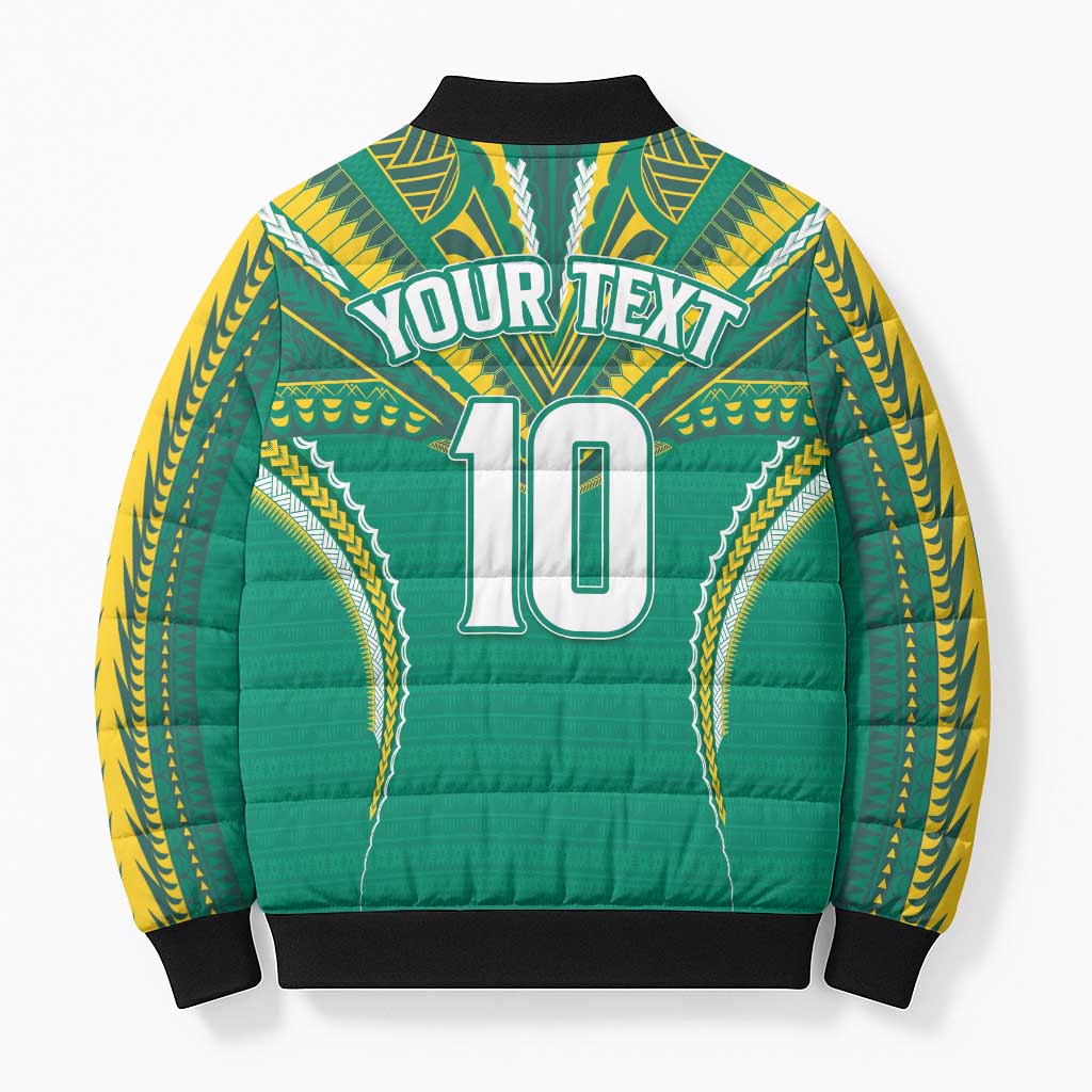 Custom Cook Islands Rugby Bomber Puffer Jacket Tatau Art Sport Style Green Color