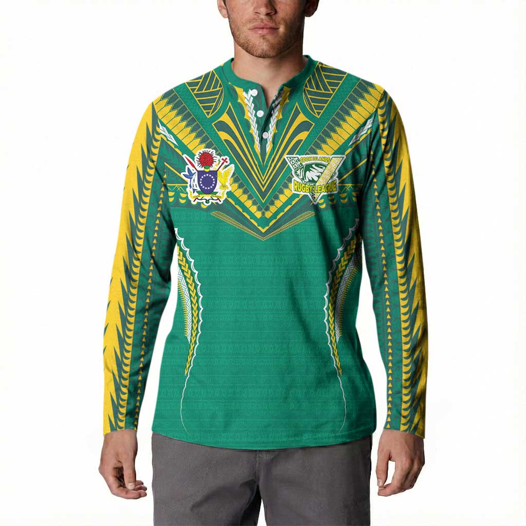 Custom Cook Islands Rugby Button Sweatshirt Tatau Art Sport Style Green Color LT03 - Polynesian Pride