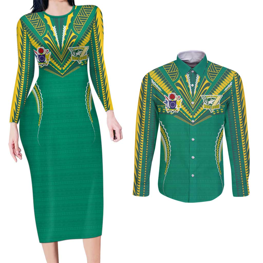 Custom Cook Islands Rugby Couples Matching Long Sleeve Bodycon Dress and Long Sleeve Button Shirt Tatau Art Sport Style Green Color