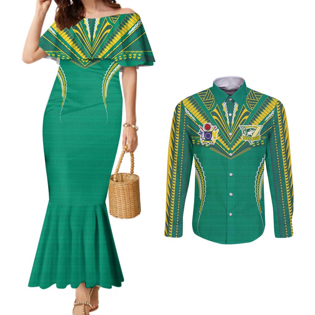 Custom Cook Islands Rugby Couples Matching Mermaid Dress and Long Sleeve Button Shirt Tatau Art Sport Style Green Color