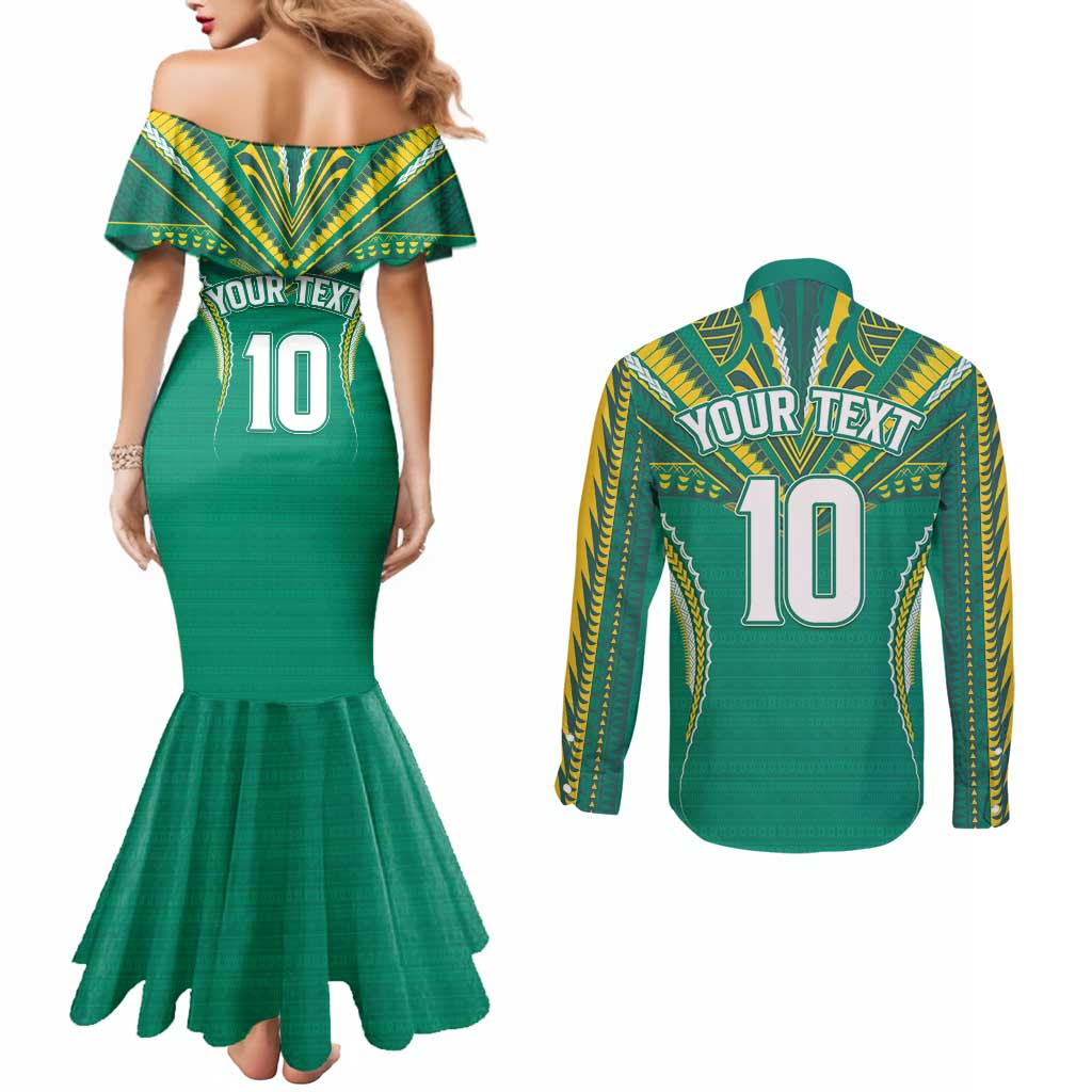 Custom Cook Islands Rugby Couples Matching Mermaid Dress and Long Sleeve Button Shirt Tatau Art Sport Style Green Color