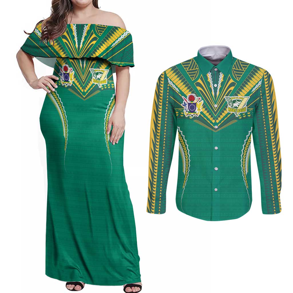 Custom Cook Islands Rugby Couples Matching Off Shoulder Maxi Dress and Long Sleeve Button Shirt Tatau Art Sport Style Green Color