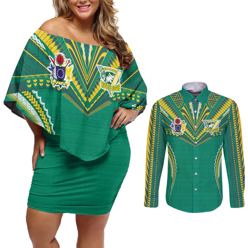 Custom Cook Islands Rugby Couples Matching Off Shoulder Short Dress and Long Sleeve Button Shirt Tatau Art Sport Style Green Color