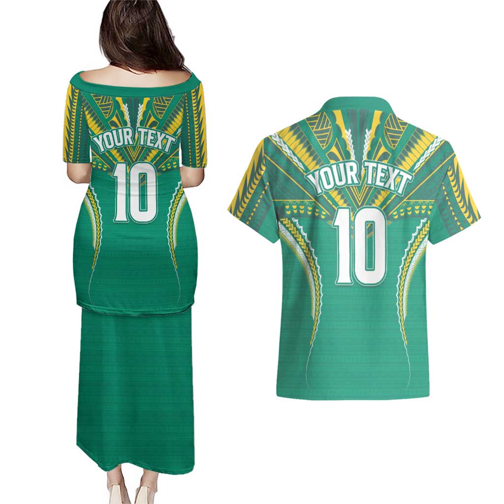 Custom Cook Islands Rugby Couples Matching Puletasi and Hawaiian Shirt Tatau Art Sport Style Green Color
