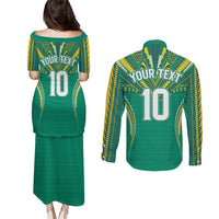 Custom Cook Islands Rugby Couples Matching Puletasi and Long Sleeve Button Shirt Tatau Art Sport Style Green Color