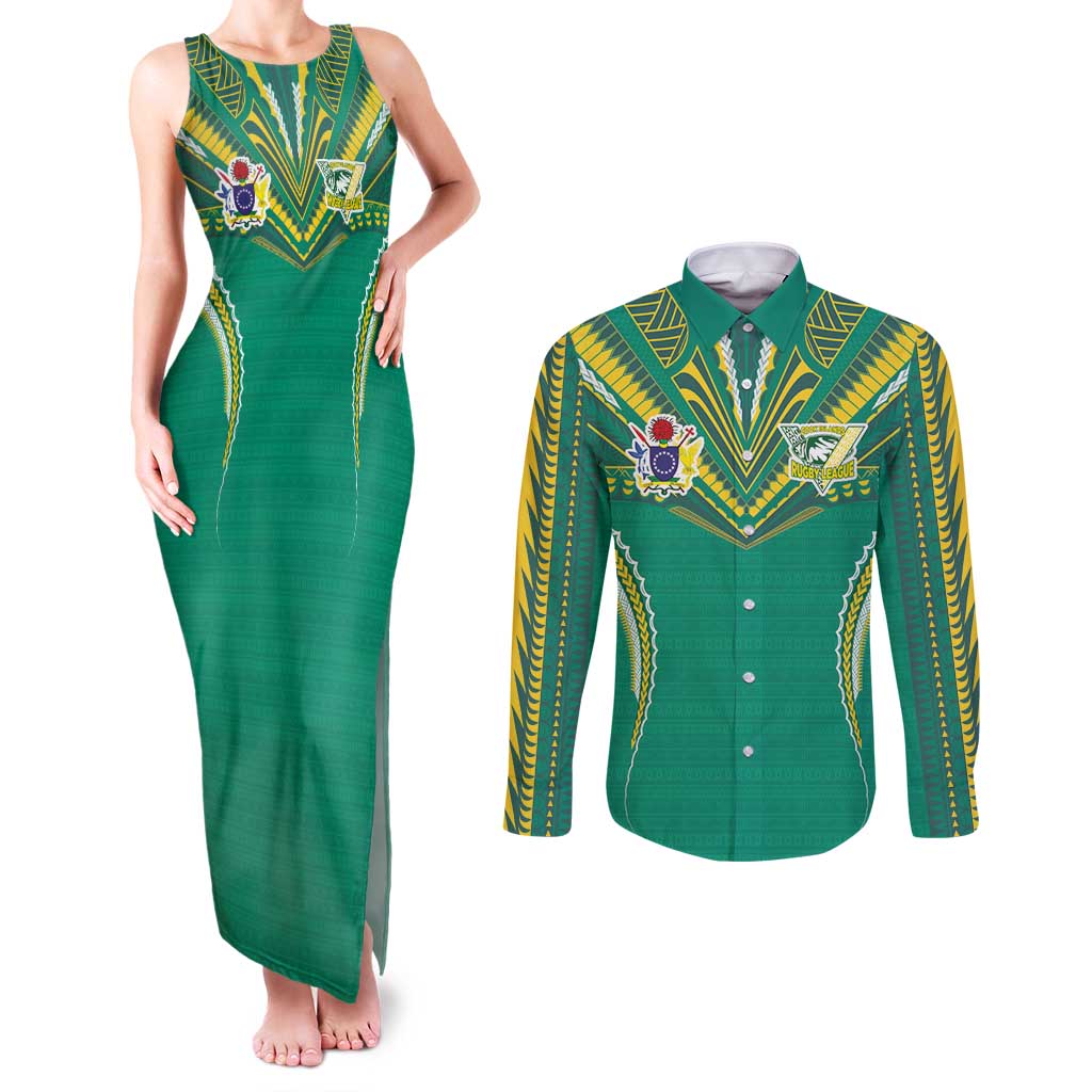 Custom Cook Islands Rugby Couples Matching Tank Maxi Dress and Long Sleeve Button Shirt Tatau Art Sport Style Green Color