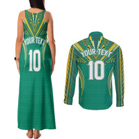 Custom Cook Islands Rugby Couples Matching Tank Maxi Dress and Long Sleeve Button Shirt Tatau Art Sport Style Green Color