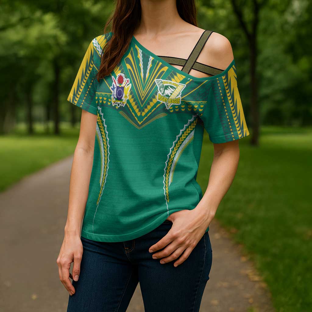 Custom Cook Islands Rugby Cross Shoulder Shirt Tatau Art Sport Style Green Color