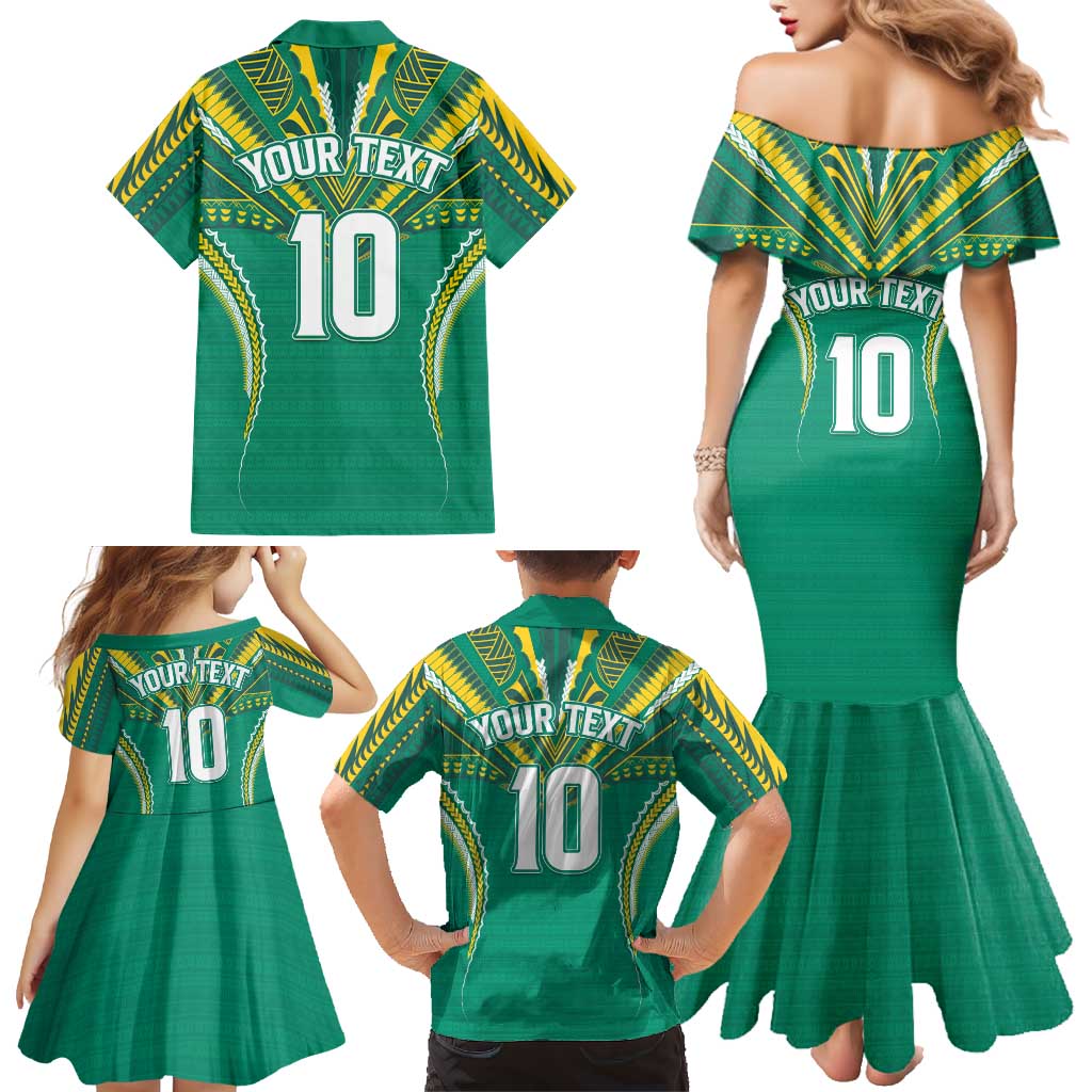 Custom Cook Islands Rugby Family Matching Mermaid Dress and Hawaiian Shirt Tatau Art Sport Style Green Color