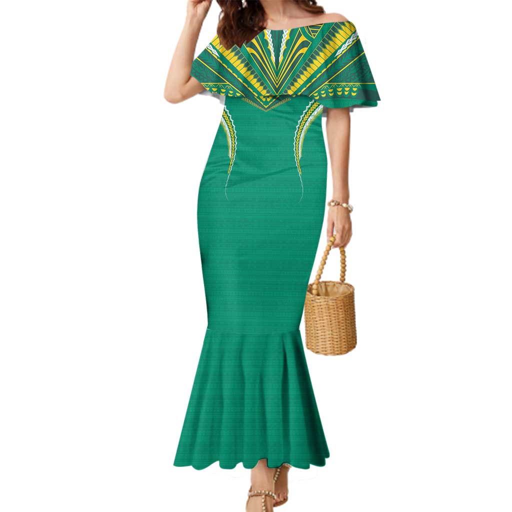 Custom Cook Islands Rugby Family Matching Mermaid Dress and Hawaiian Shirt Tatau Art Sport Style Green Color
