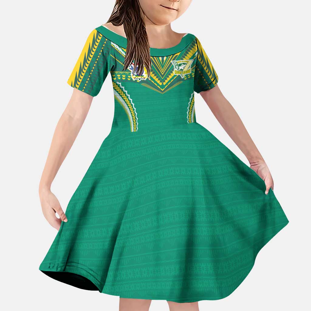 Custom Cook Islands Rugby Family Matching Off Shoulder Short Dress and Hawaiian Shirt Tatau Art Sport Style Green Color