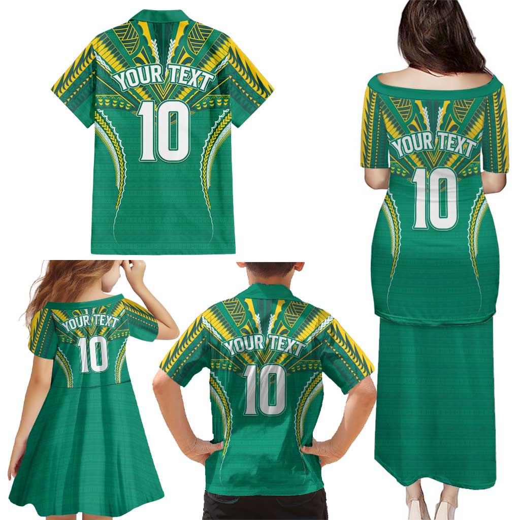 Custom Cook Islands Rugby Family Matching Puletasi and Hawaiian Shirt Tatau Art Sport Style Green Color