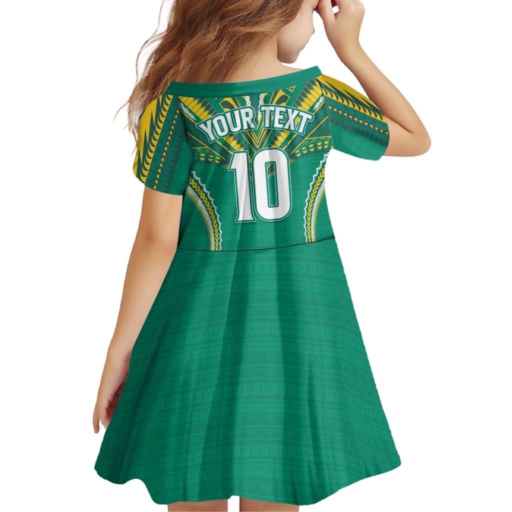 Custom Cook Islands Rugby Family Matching Short Sleeve Bodycon Dress and Hawaiian Shirt Tatau Art Sport Style Green Color