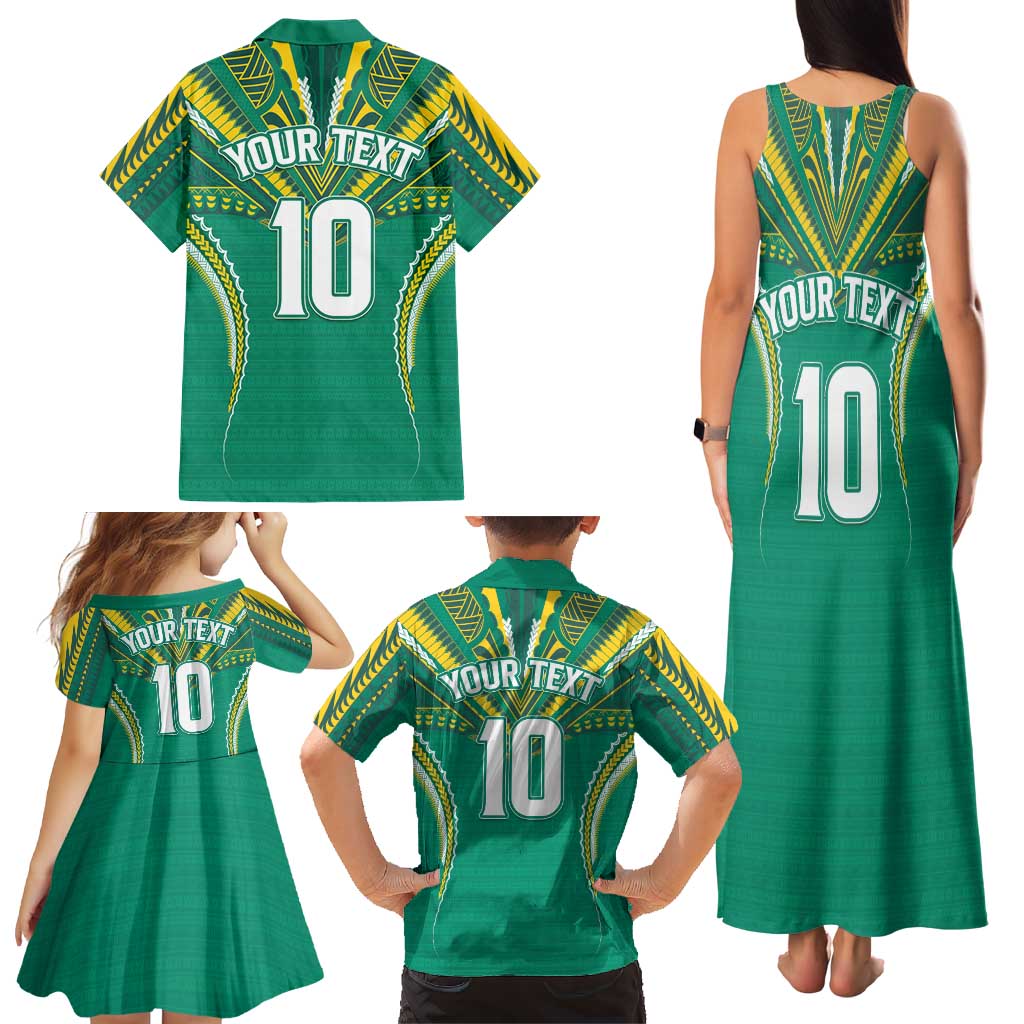 Custom Cook Islands Rugby Family Matching Tank Maxi Dress and Hawaiian Shirt Tatau Art Sport Style Green Color